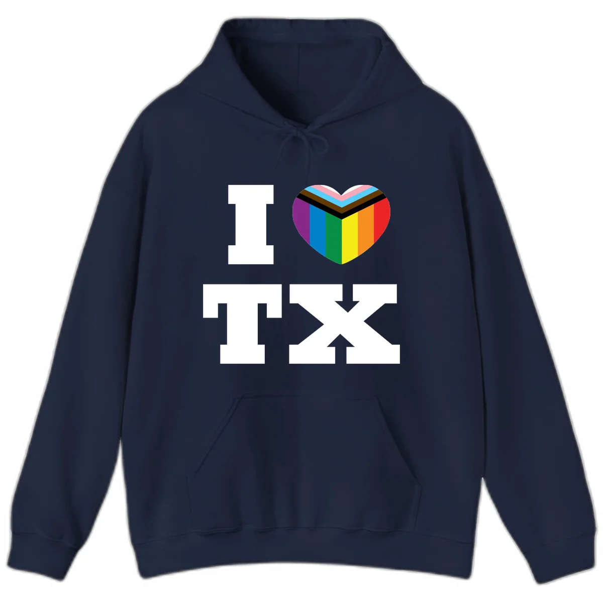 I love pride rainbow heart design with full spectrum stripes and chevron pattern overlay in Navy
