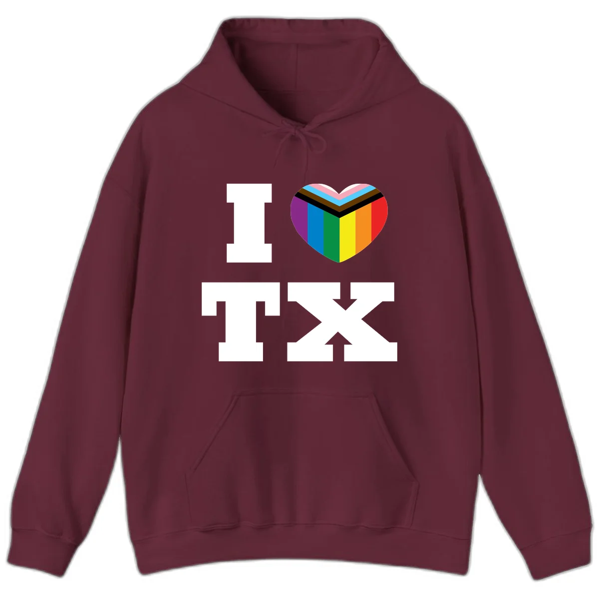 I love pride rainbow heart design with full spectrum stripes and chevron pattern overlay in Maroon