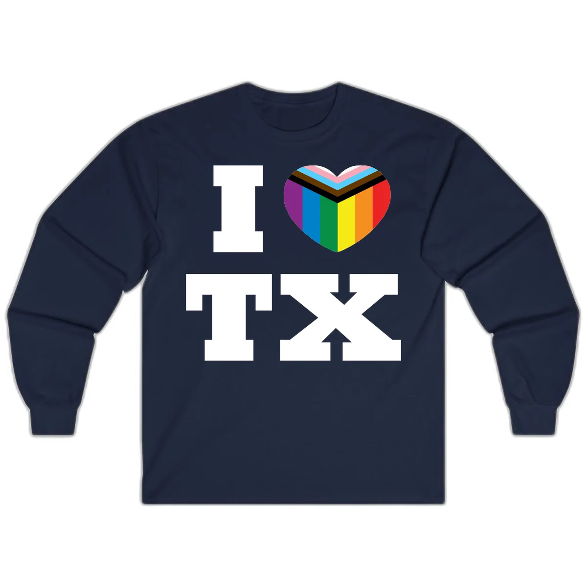 I love pride rainbow heart design with full spectrum stripes and chevron pattern overlay in Navy