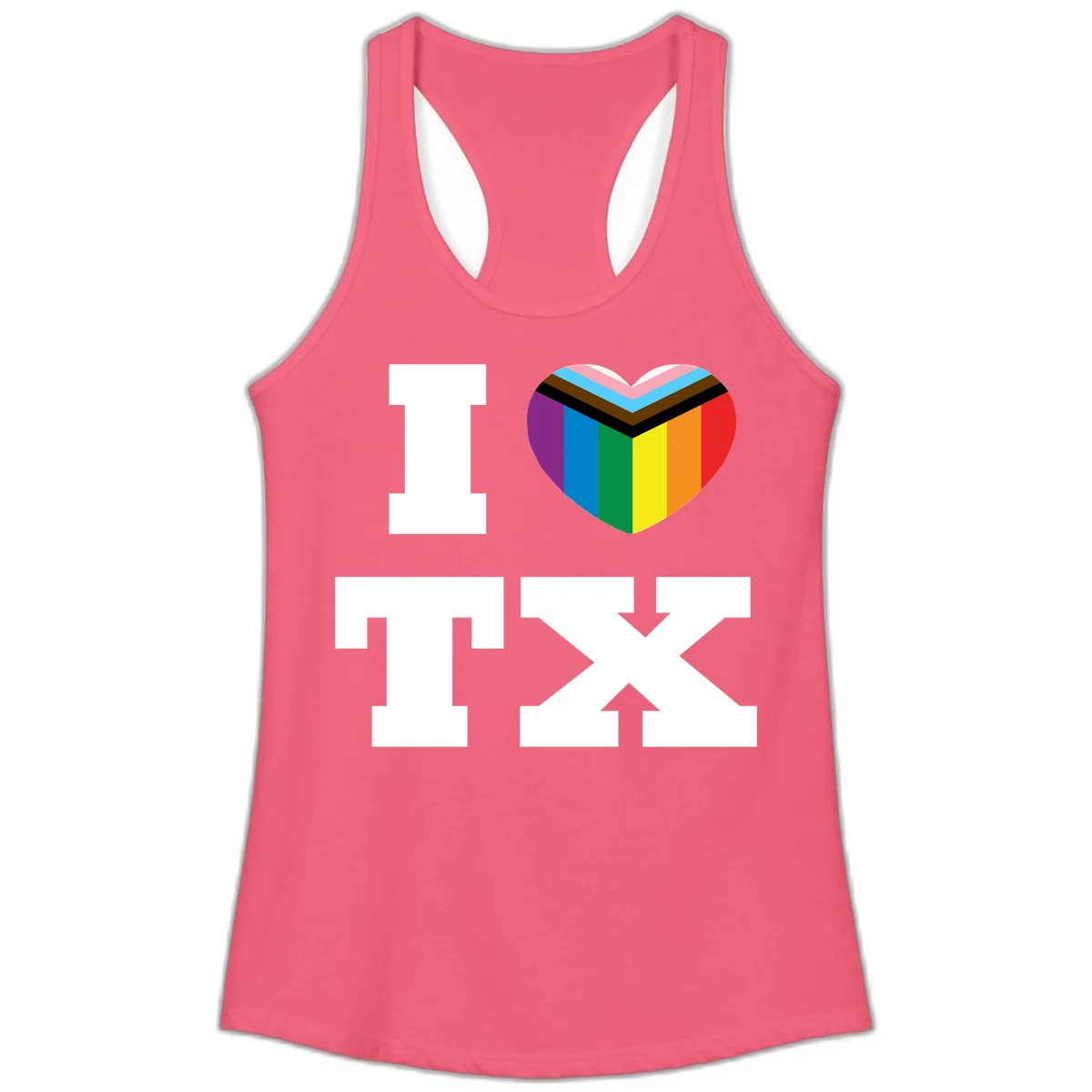 I love pride rainbow heart design with full spectrum stripes and chevron pattern overlay in Hot Pink