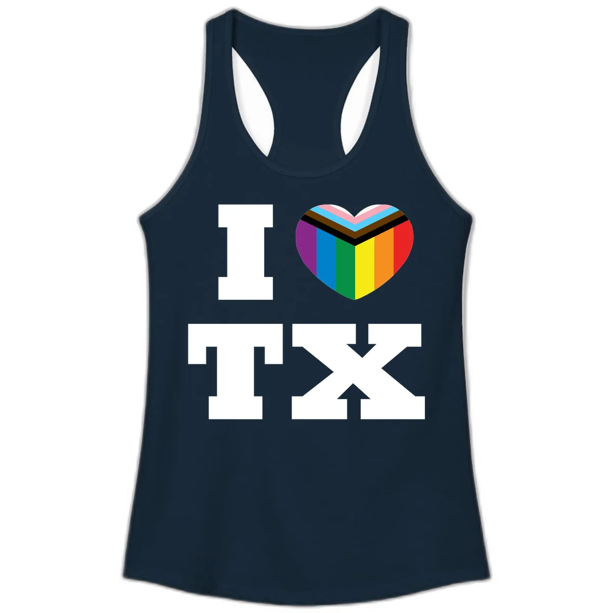 I love pride rainbow heart design with full spectrum stripes and chevron pattern overlay in Solid Midnight Navy