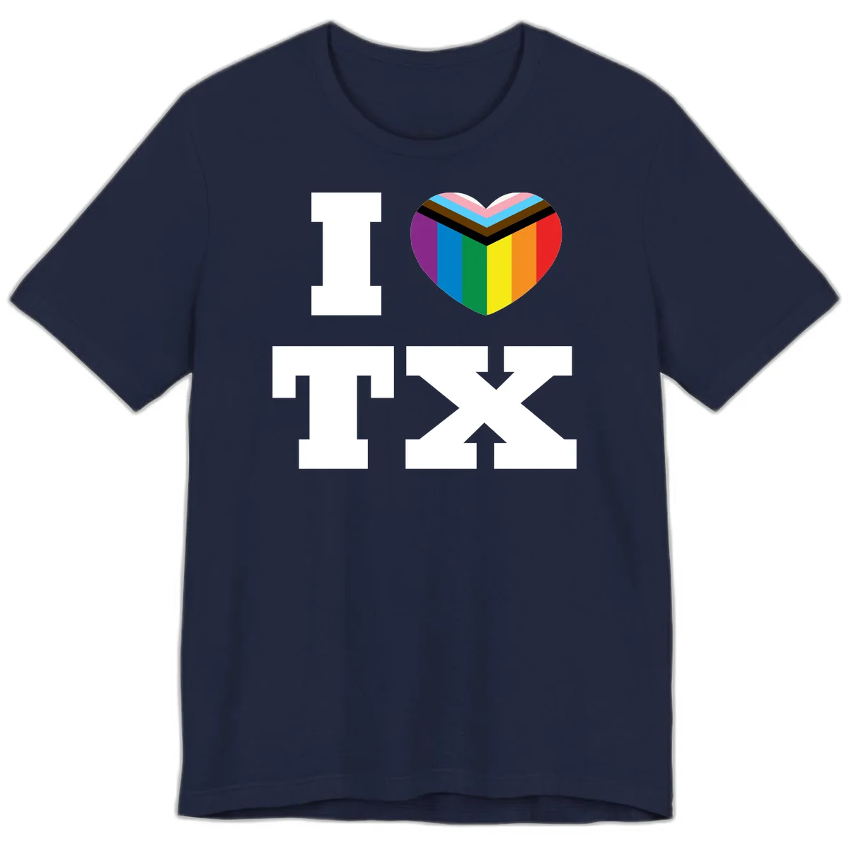 I love pride rainbow heart design with full spectrum stripes and chevron pattern overlay in Navy