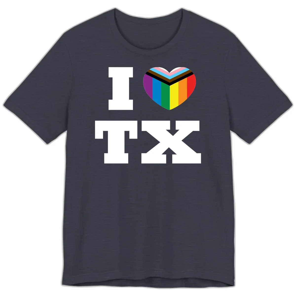I love pride rainbow heart design with full spectrum stripes and chevron pattern overlay in Heather Midnight Navy