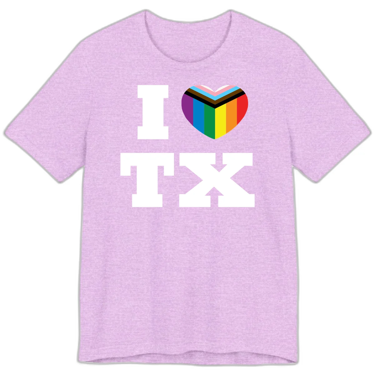 I love pride rainbow heart design with full spectrum stripes and chevron pattern overlay in Heather Prism Lilac