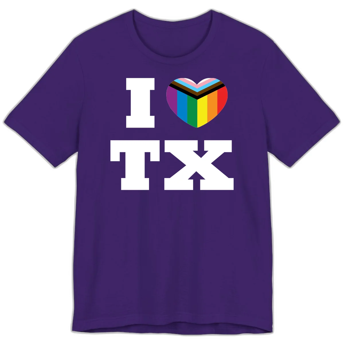 I love pride rainbow heart design with full spectrum stripes and chevron pattern overlay in Team Purple