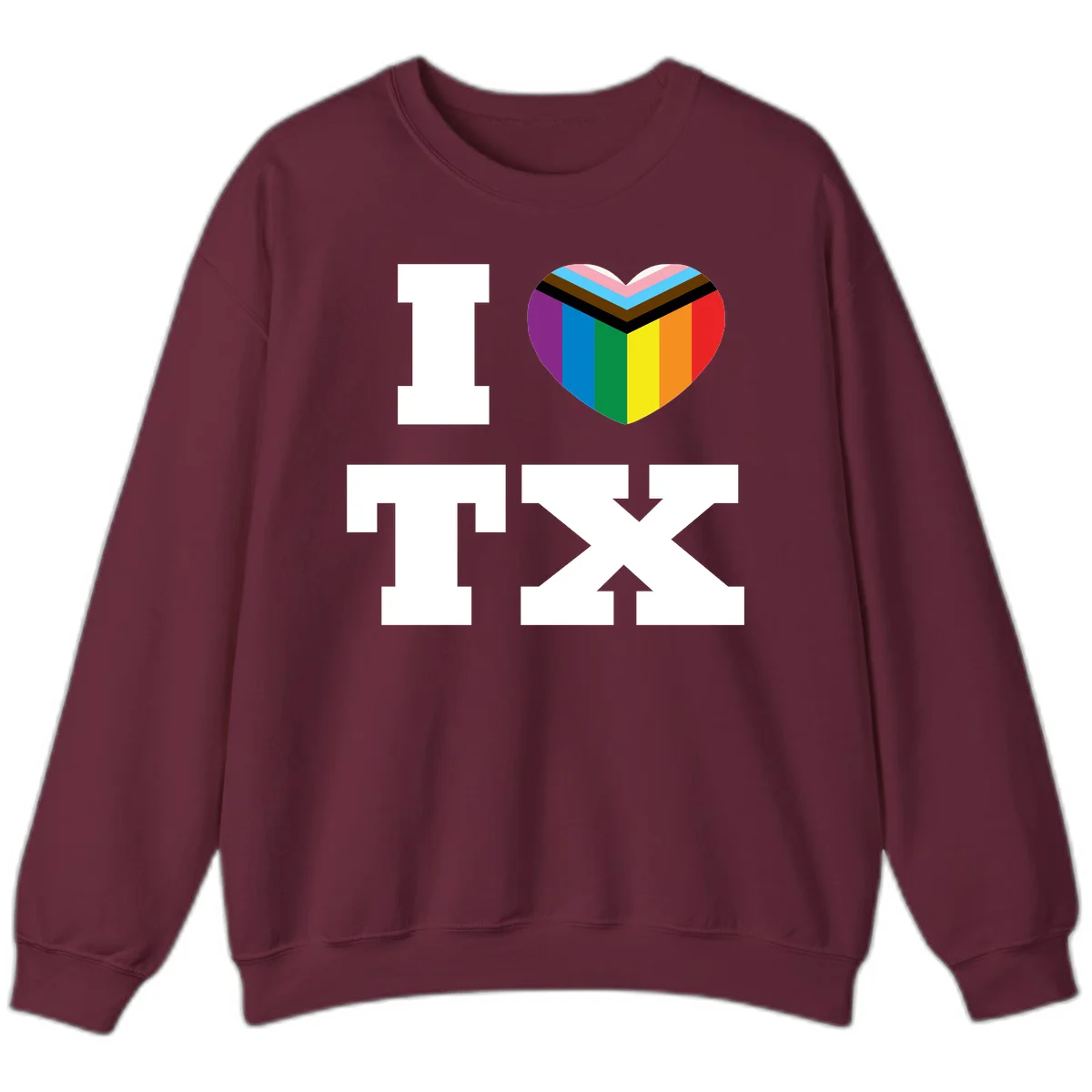 I love pride rainbow heart design with full spectrum stripes and chevron pattern overlay in Maroon