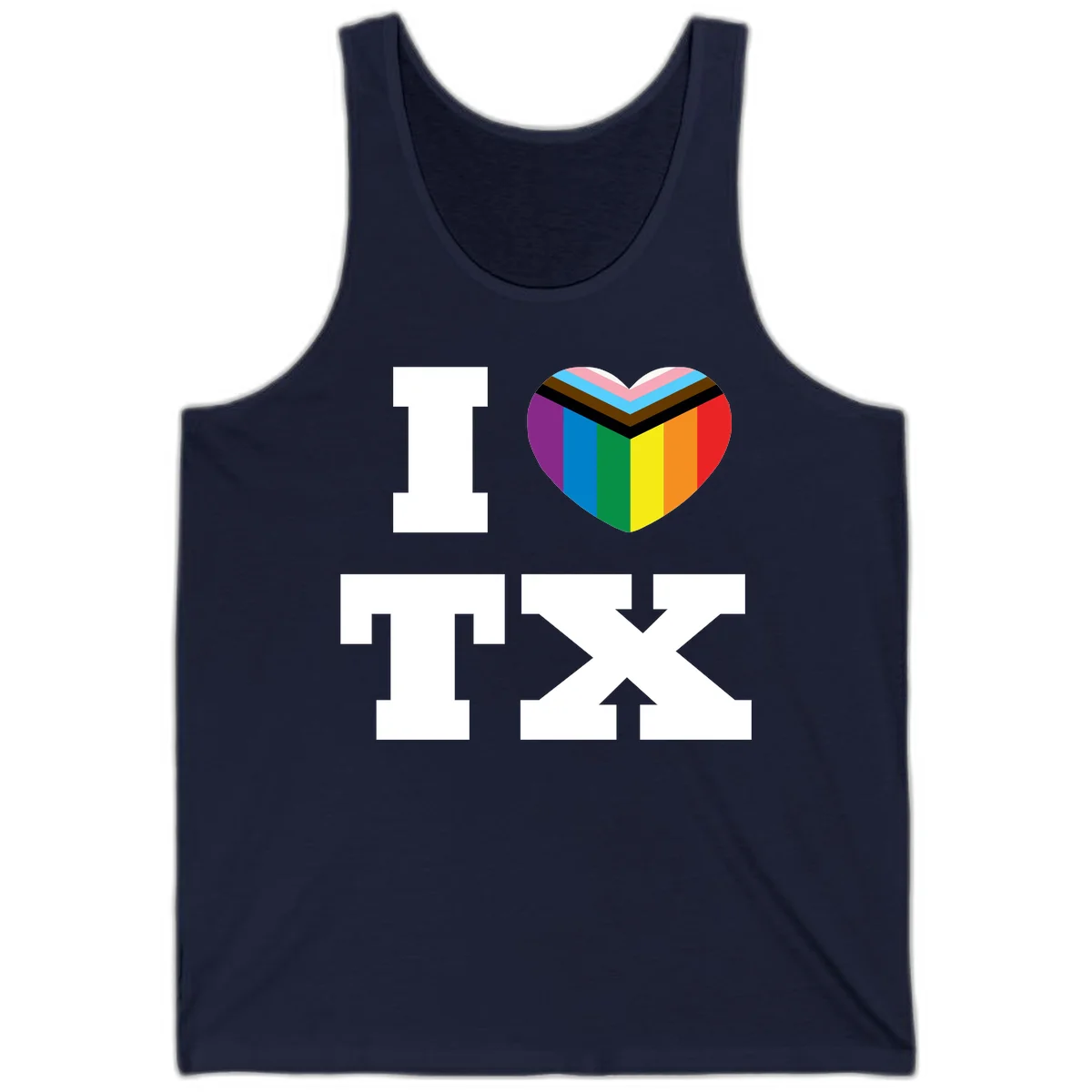 I love pride rainbow heart design with full spectrum stripes and chevron pattern overlay in Navy