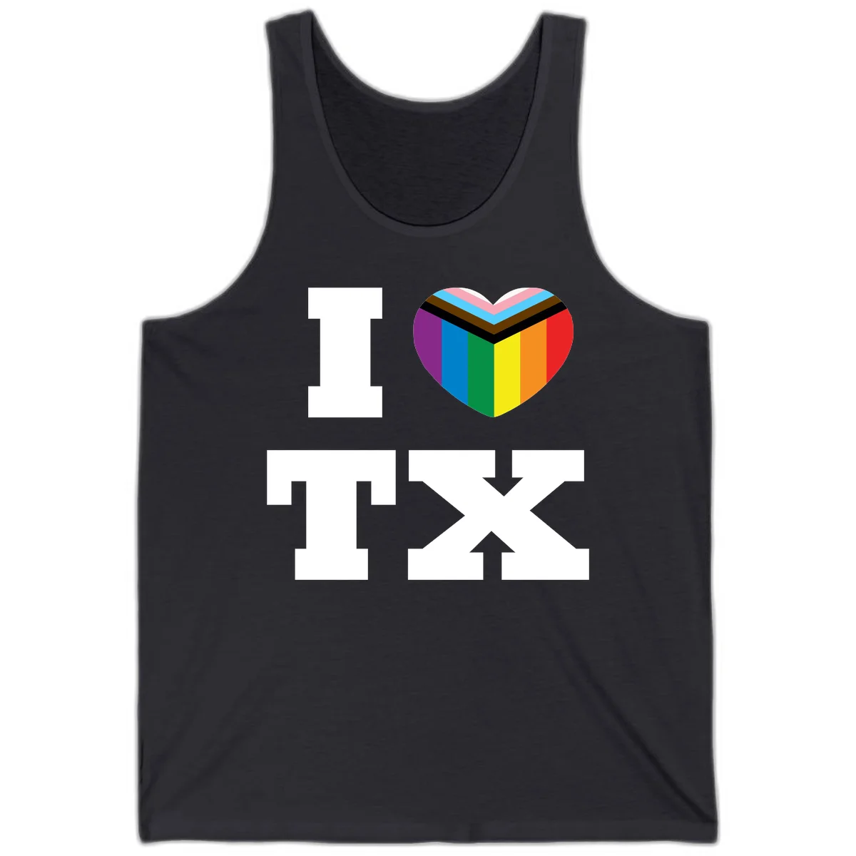 I love pride rainbow heart design with full spectrum stripes and chevron pattern overlay in Dark Grey