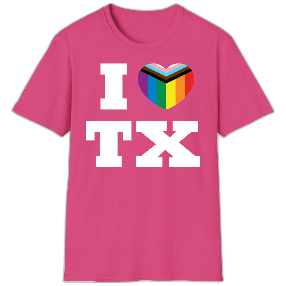 I love pride rainbow heart design with full spectrum stripes and chevron pattern overlay in Heliconia