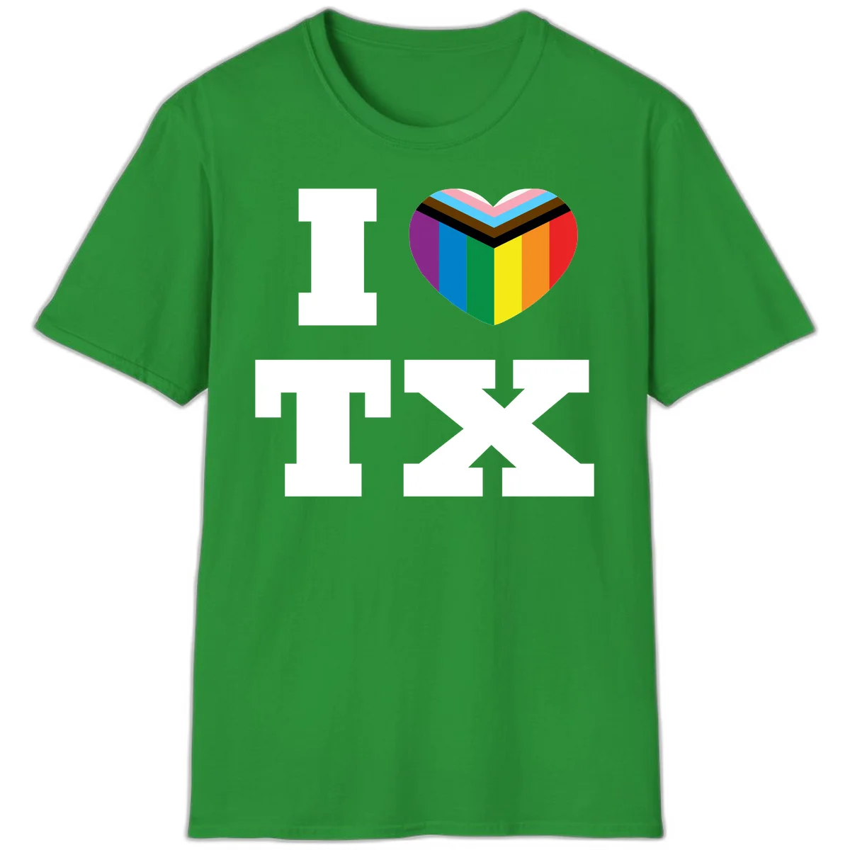 I love pride rainbow heart design with full spectrum stripes and chevron pattern overlay in Irish Green