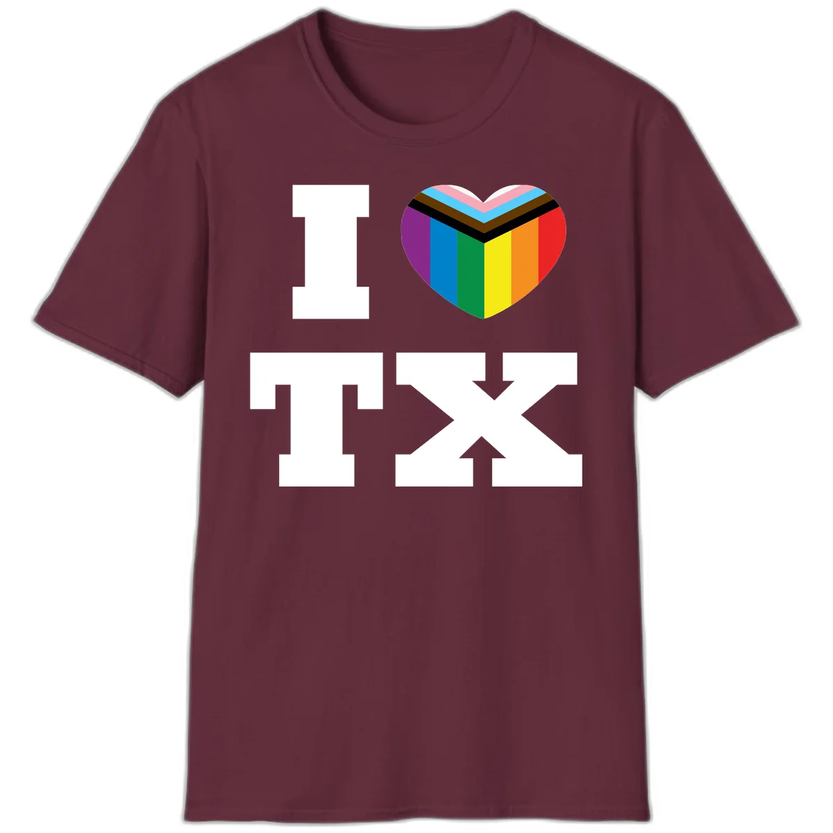 I love pride rainbow heart design with full spectrum stripes and chevron pattern overlay in Maroon
