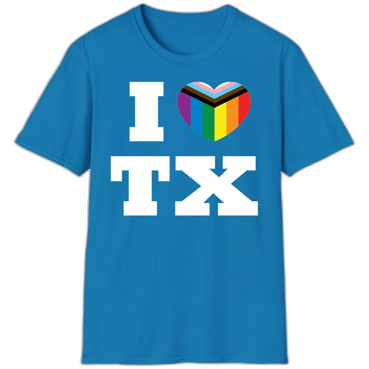 I love pride rainbow heart design with full spectrum stripes and chevron pattern overlay in Sapphire