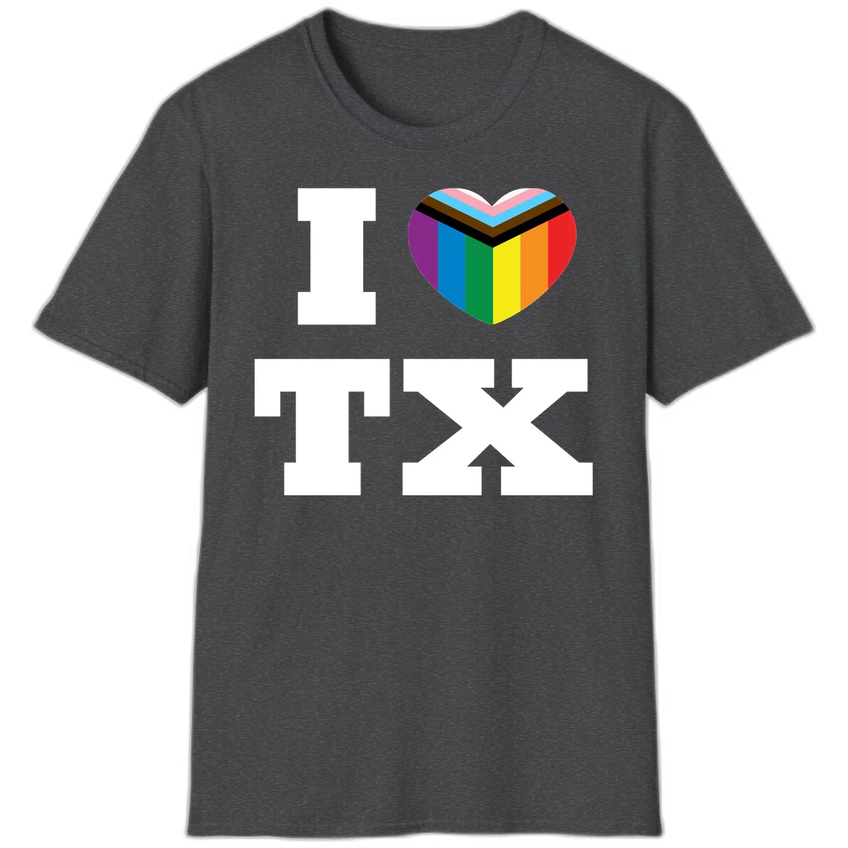 I love pride rainbow heart design with full spectrum stripes and chevron pattern overlay in Dark Heather