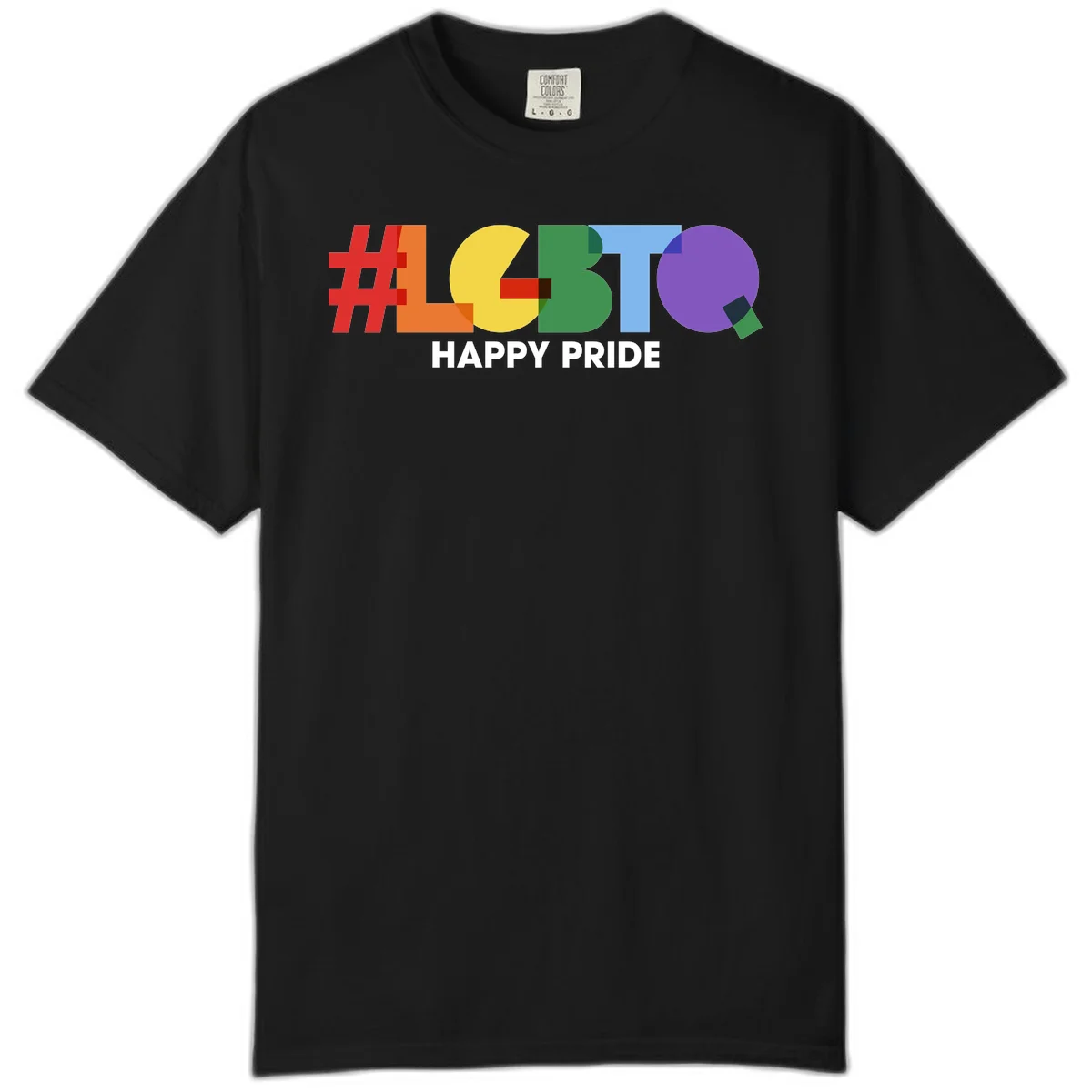 Colorful geometric letters spelling 'Happy Pride' in rainbow colors including red, orange, yellow, green, blue, and purple on gray background in Black
