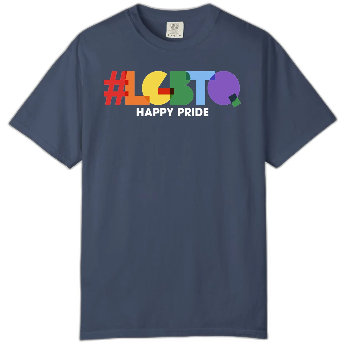 Colorful geometric letters spelling 'Happy Pride' in rainbow colors including red, orange, yellow, green, blue, and purple on gray background in Midnight
