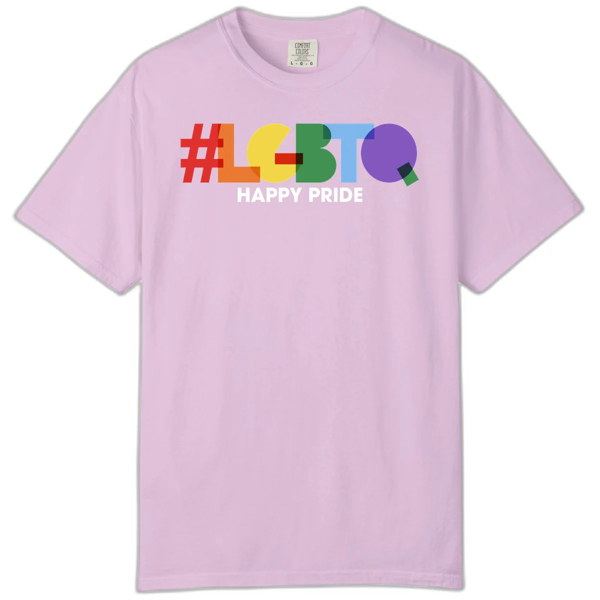 Colorful geometric letters spelling 'Happy Pride' in rainbow colors including red, orange, yellow, green, blue, and purple on gray background in Orchid