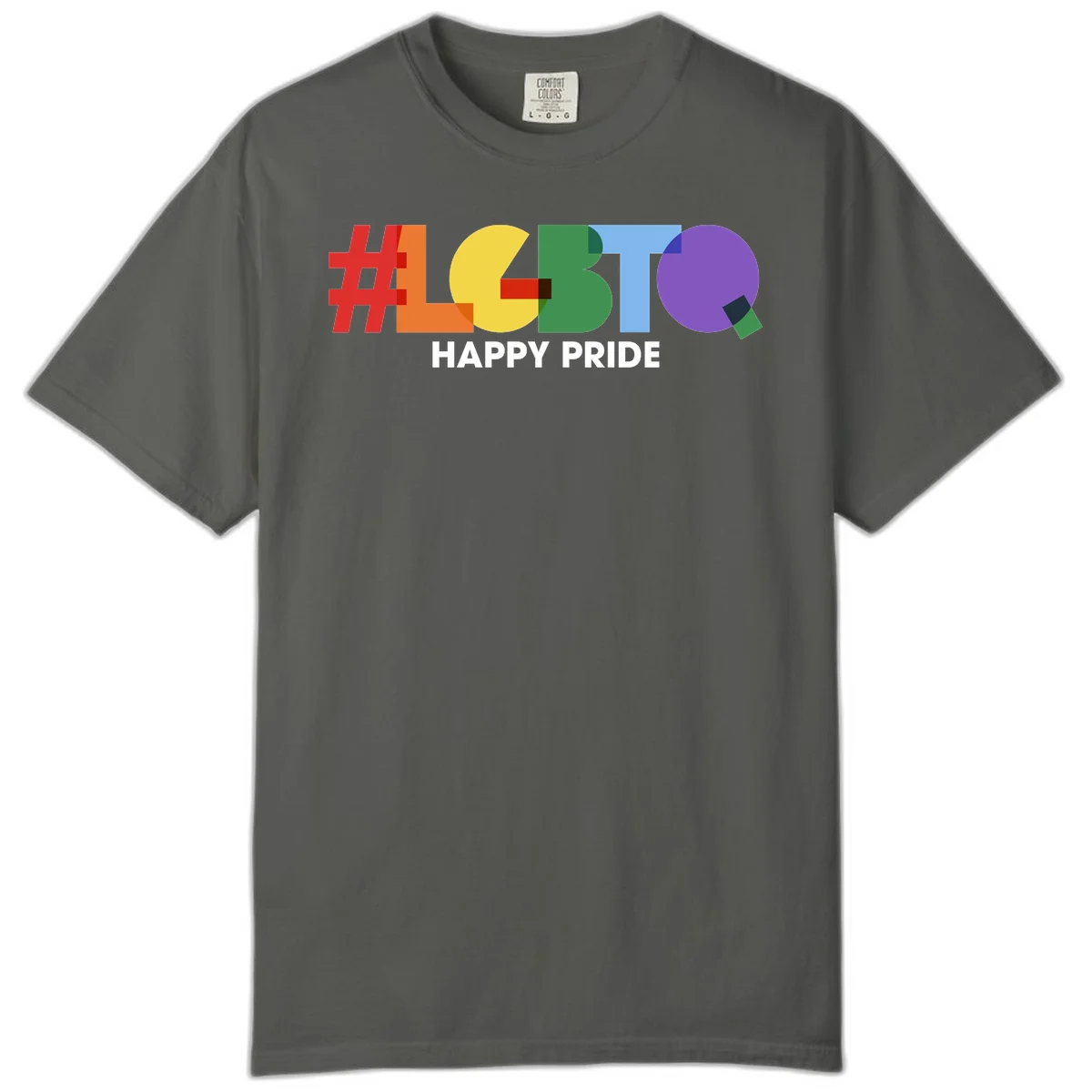 Colorful geometric letters spelling 'Happy Pride' in rainbow colors including red, orange, yellow, green, blue, and purple on gray background in Pepper