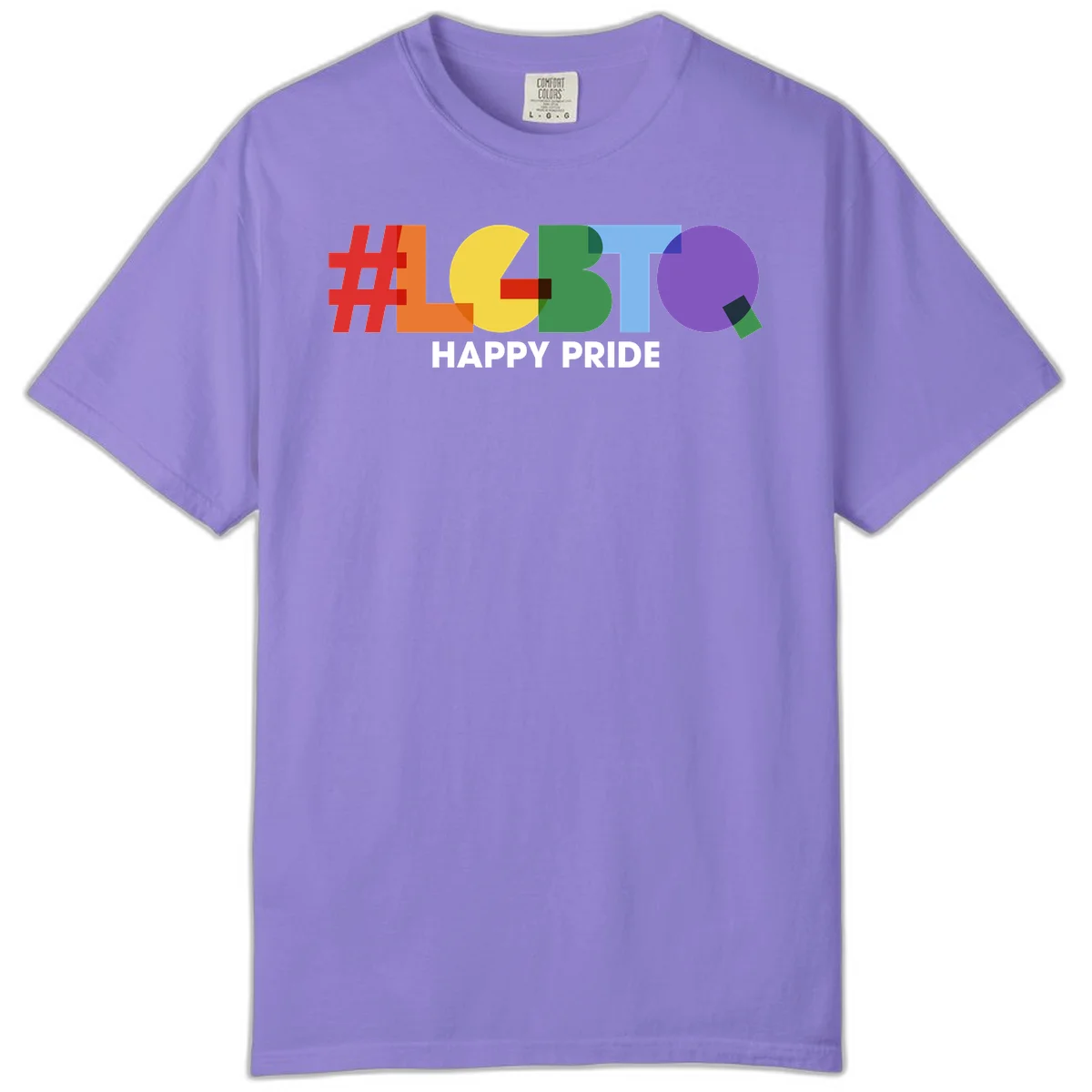 Colorful geometric letters spelling 'Happy Pride' in rainbow colors including red, orange, yellow, green, blue, and purple on gray background in Violet