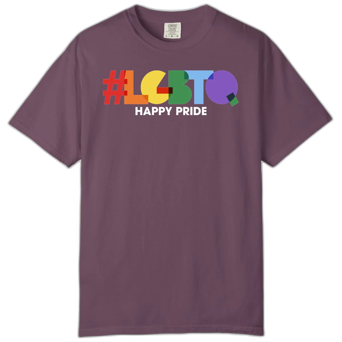 Colorful geometric letters spelling 'Happy Pride' in rainbow colors including red, orange, yellow, green, blue, and purple on gray background in Berry