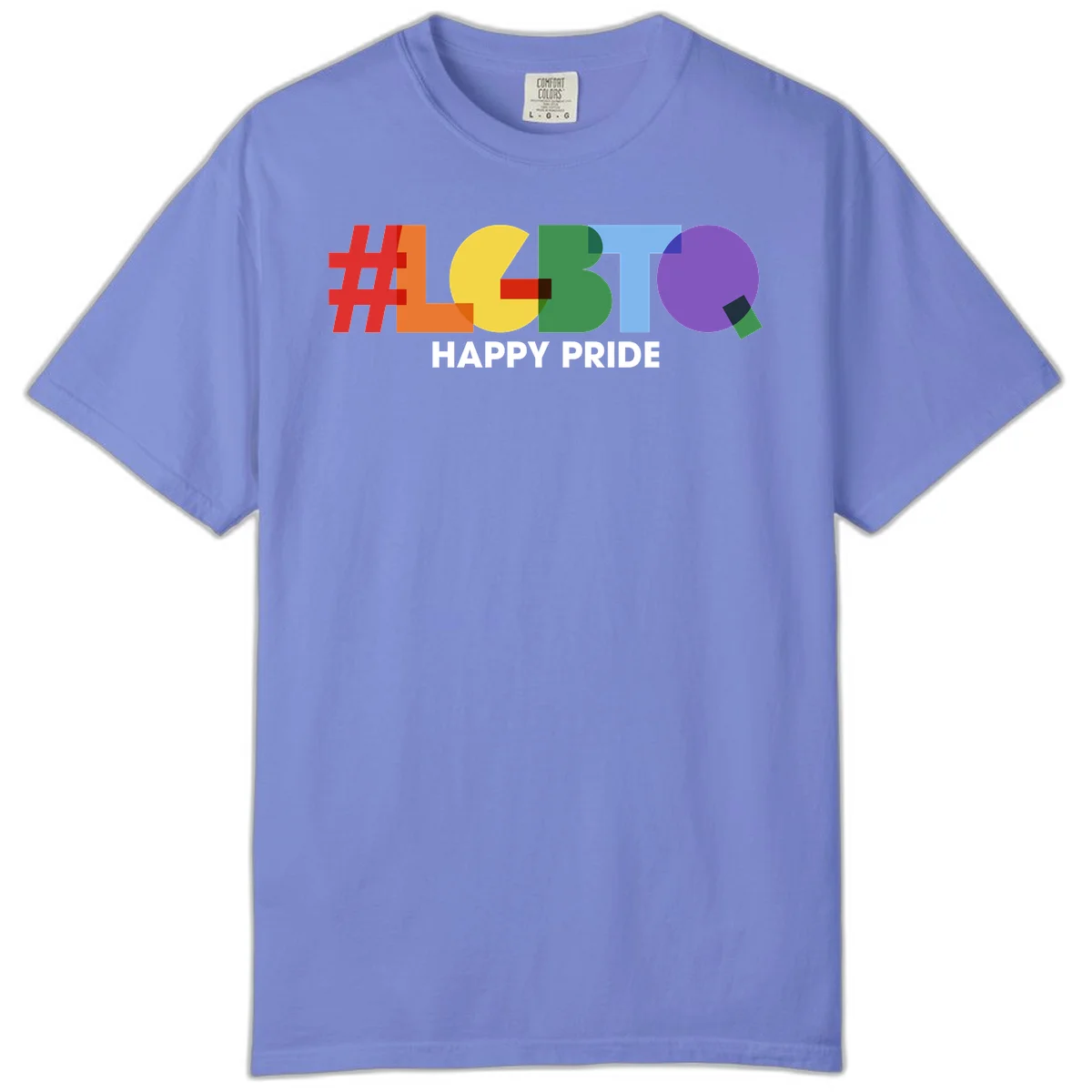 Colorful geometric letters spelling 'Happy Pride' in rainbow colors including red, orange, yellow, green, blue, and purple on gray background in Flo Blue