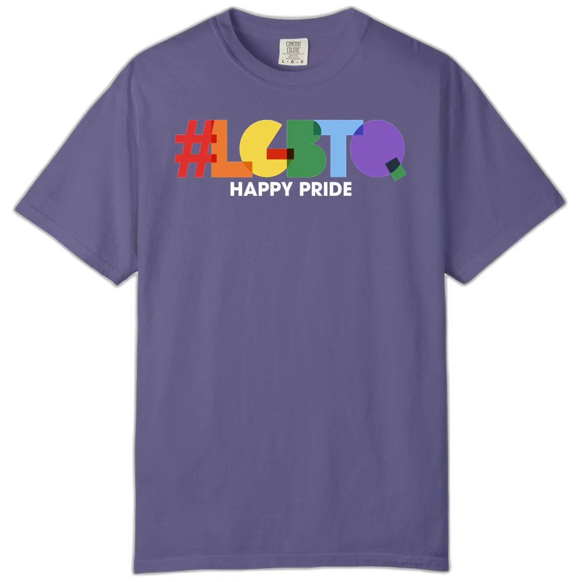 Colorful geometric letters spelling 'Happy Pride' in rainbow colors including red, orange, yellow, green, blue, and purple on gray background in Grape