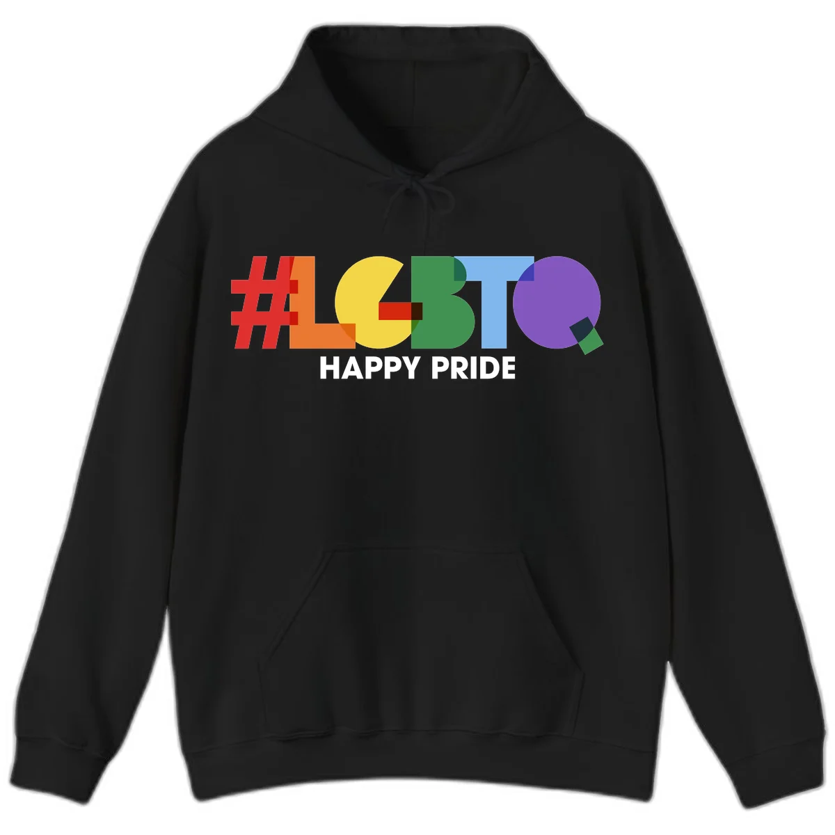 Colorful geometric letters spelling 'Happy Pride' in rainbow colors including red, orange, yellow, green, blue, and purple on gray background in Black