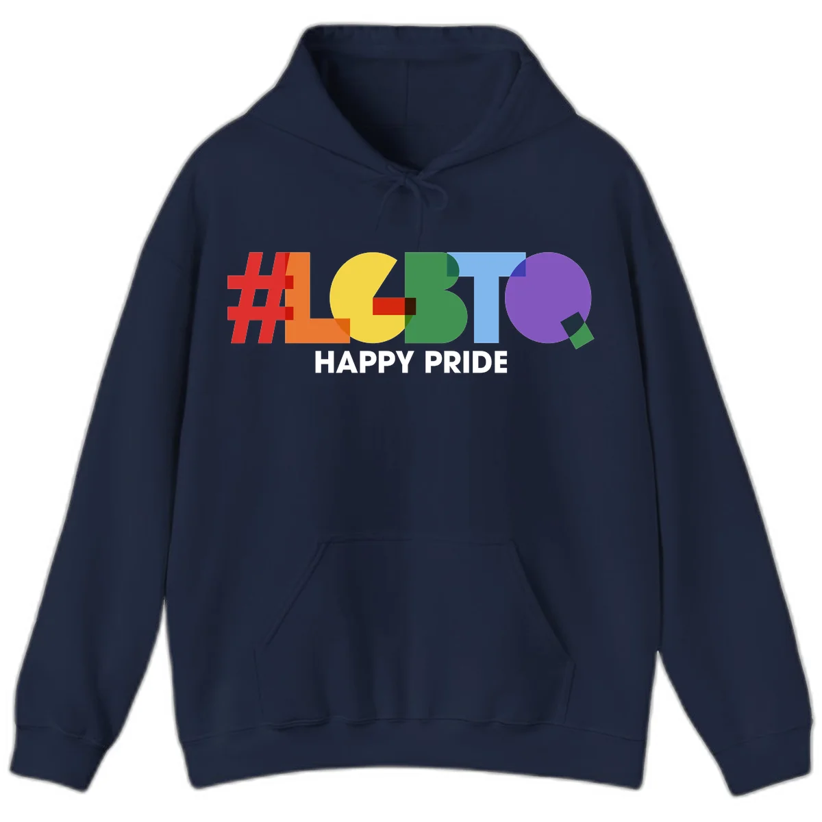Colorful geometric letters spelling 'Happy Pride' in rainbow colors including red, orange, yellow, green, blue, and purple on gray background in Navy