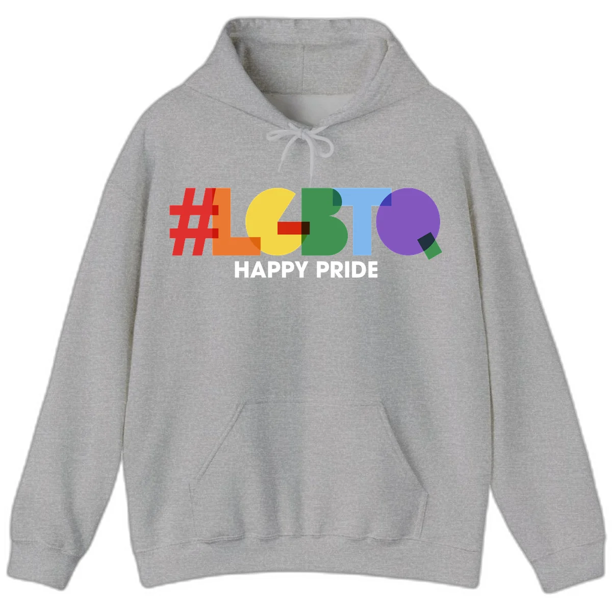 Colorful geometric letters spelling 'Happy Pride' in rainbow colors including red, orange, yellow, green, blue, and purple on gray background in Sport Grey