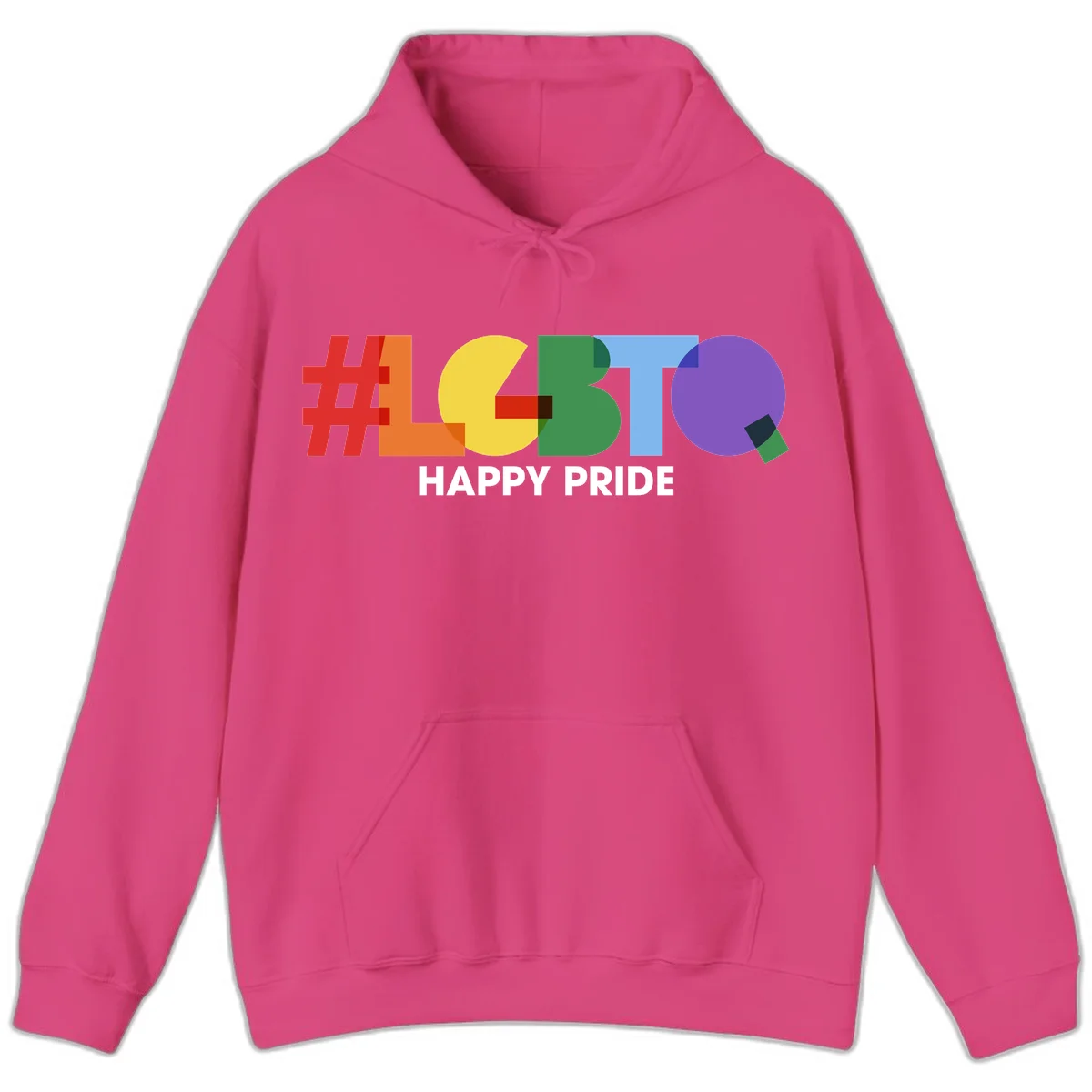 Colorful geometric letters spelling 'Happy Pride' in rainbow colors including red, orange, yellow, green, blue, and purple on gray background in Heliconia