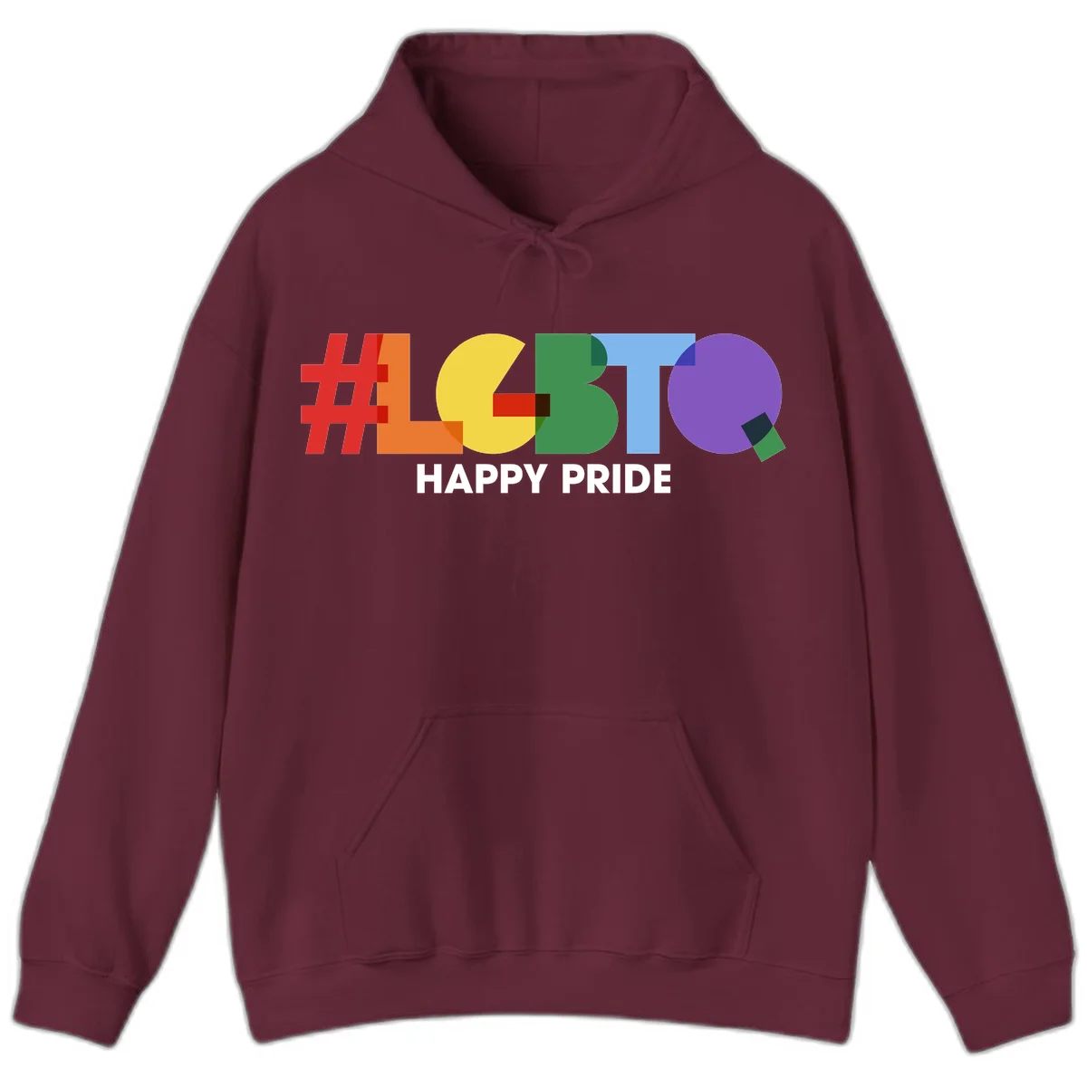 Colorful geometric letters spelling 'Happy Pride' in rainbow colors including red, orange, yellow, green, blue, and purple on gray background in Maroon
