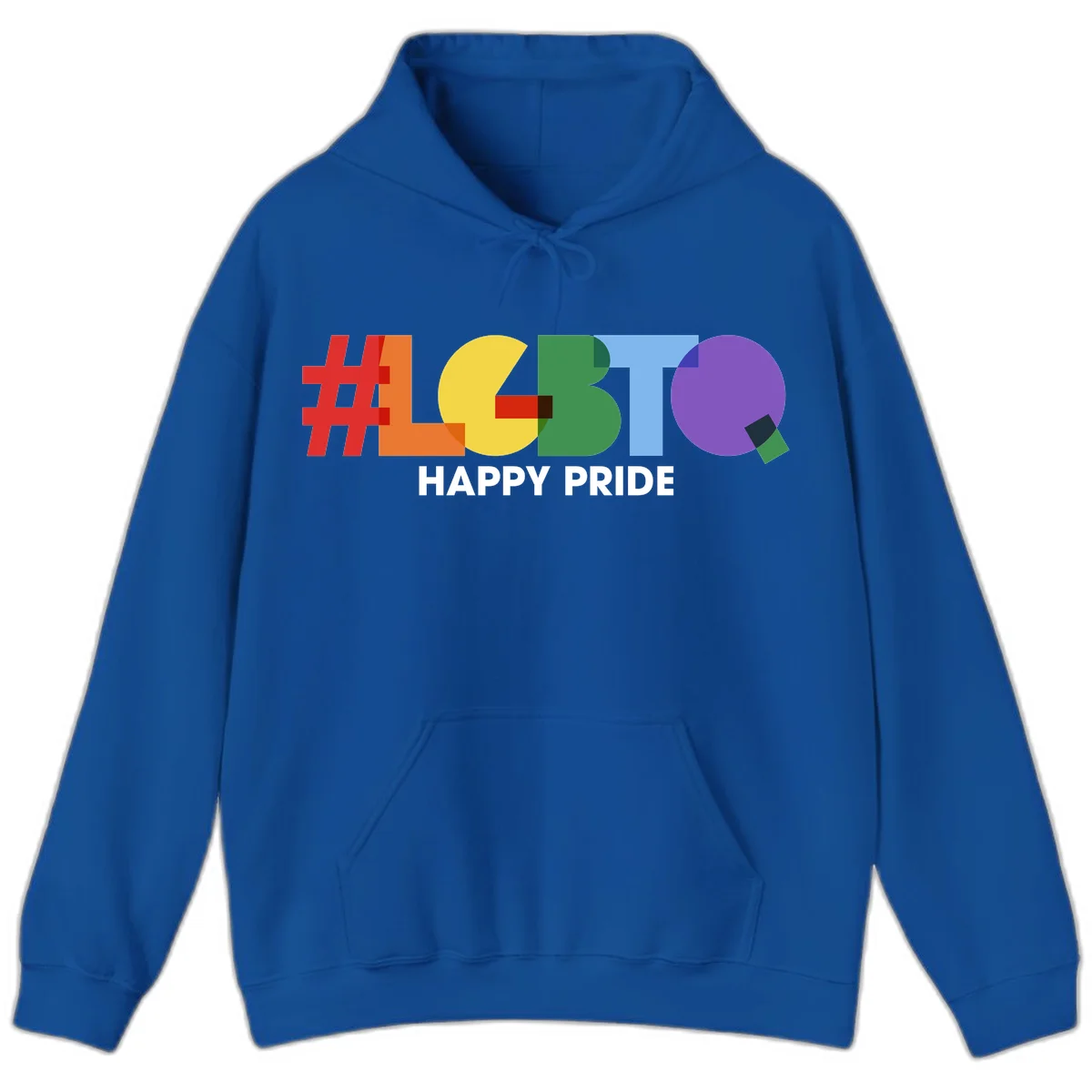 Colorful geometric letters spelling 'Happy Pride' in rainbow colors including red, orange, yellow, green, blue, and purple on gray background in Royal
