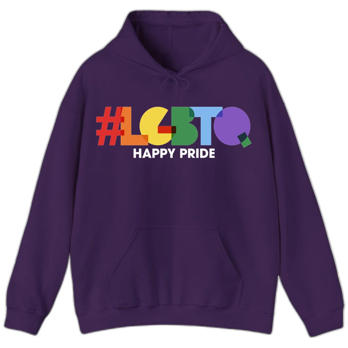 Colorful geometric letters spelling 'Happy Pride' in rainbow colors including red, orange, yellow, green, blue, and purple on gray background in Purple