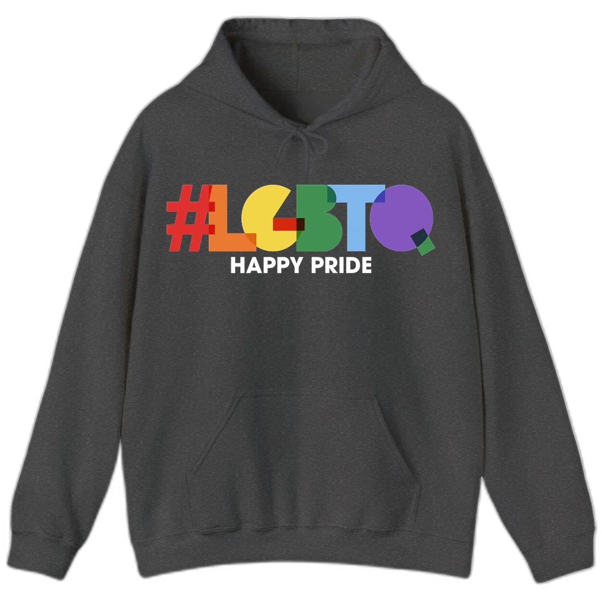 Colorful geometric letters spelling 'Happy Pride' in rainbow colors including red, orange, yellow, green, blue, and purple on gray background in Dark Heather