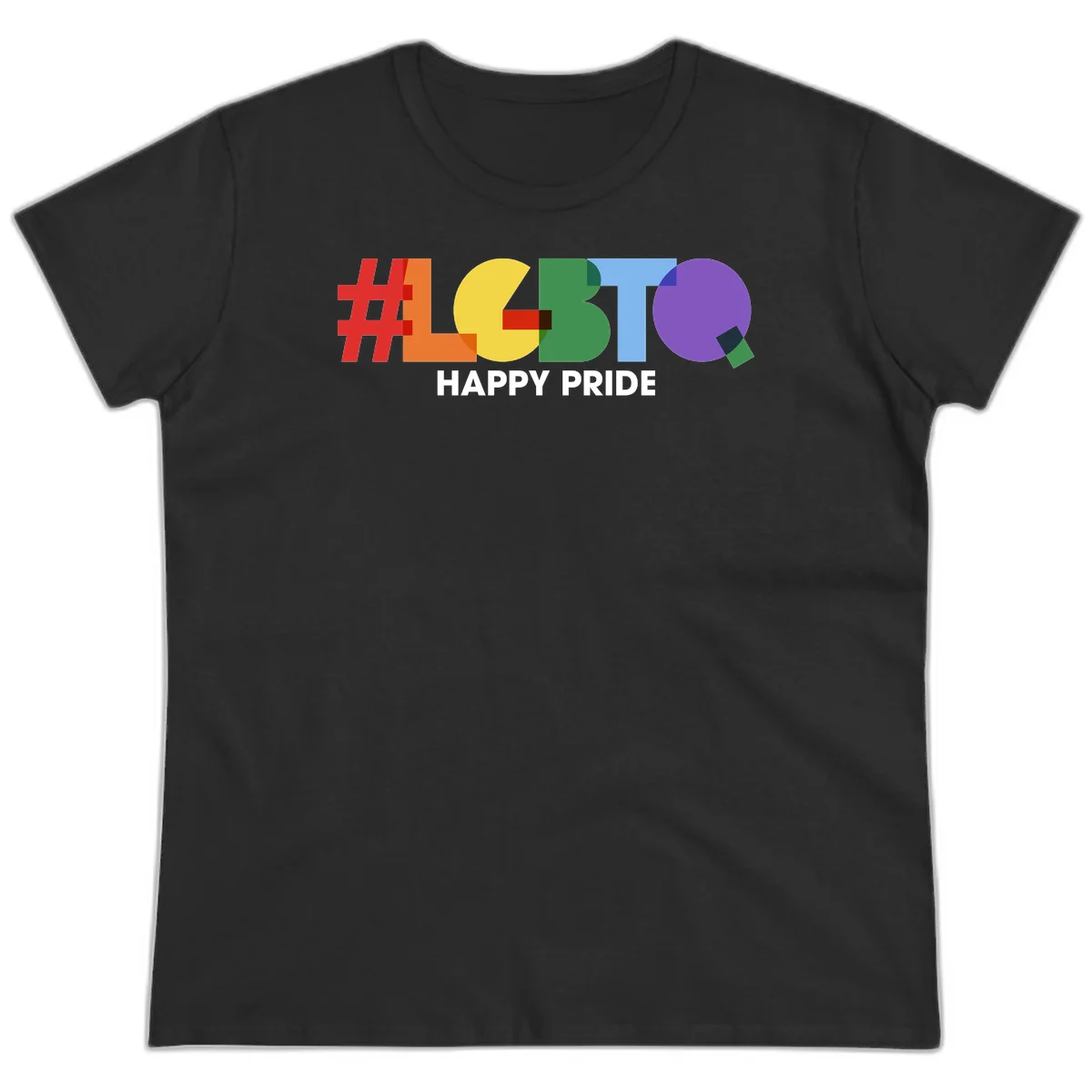 Colorful geometric letters spelling 'Happy Pride' in rainbow colors including red, orange, yellow, green, blue, and purple on gray background in Black