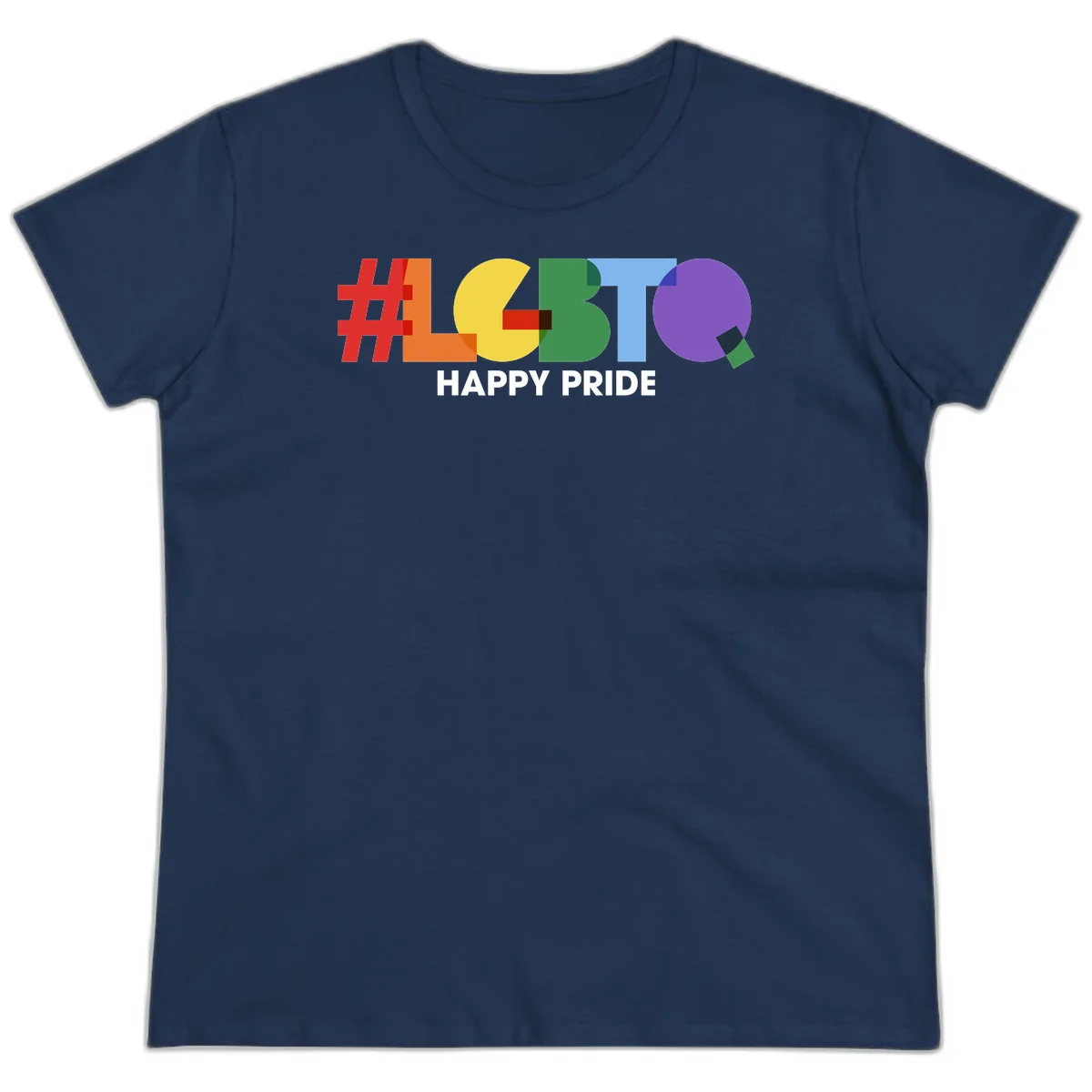 Colorful geometric letters spelling 'Happy Pride' in rainbow colors including red, orange, yellow, green, blue, and purple on gray background in Navy