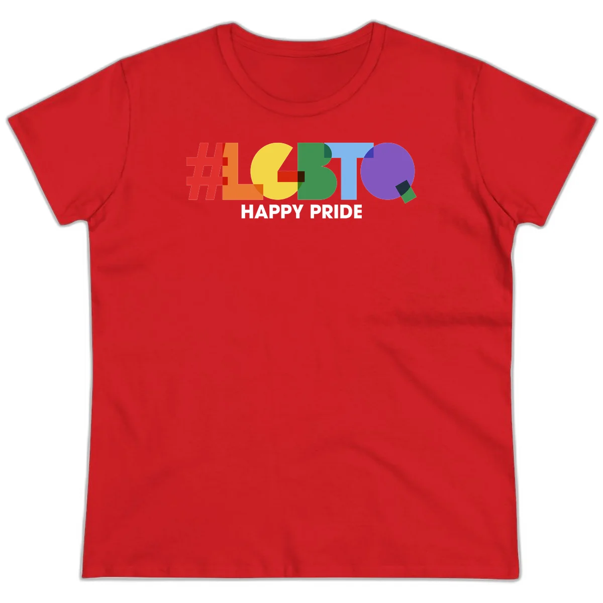 Colorful geometric letters spelling 'Happy Pride' in rainbow colors including red, orange, yellow, green, blue, and purple on gray background in Red