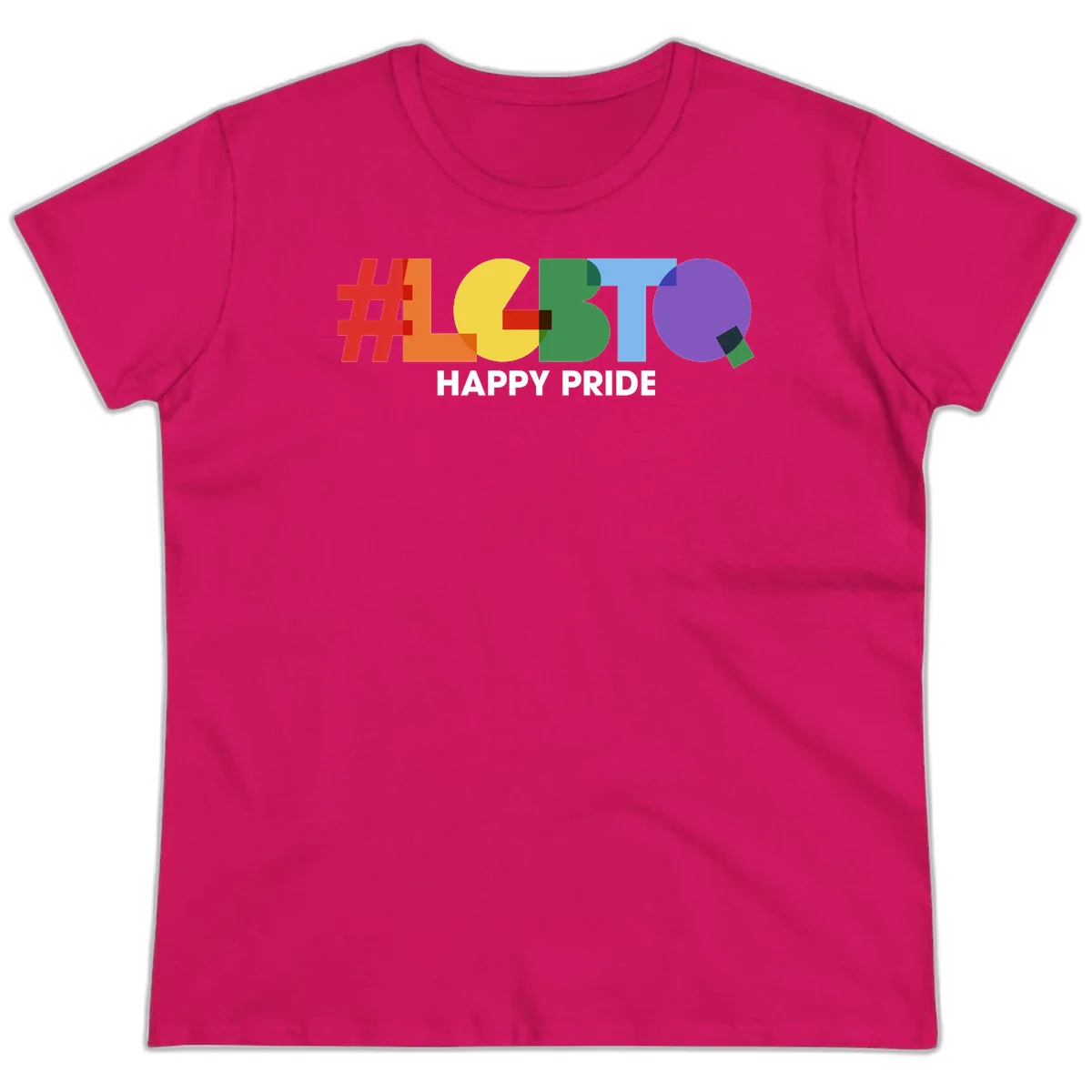 Colorful geometric letters spelling 'Happy Pride' in rainbow colors including red, orange, yellow, green, blue, and purple on gray background in Heliconia