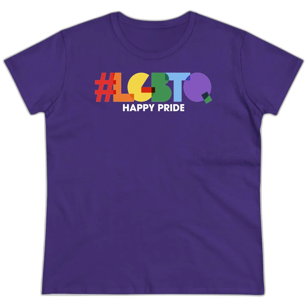 Colorful geometric letters spelling 'Happy Pride' in rainbow colors including red, orange, yellow, green, blue, and purple on gray background in Purple