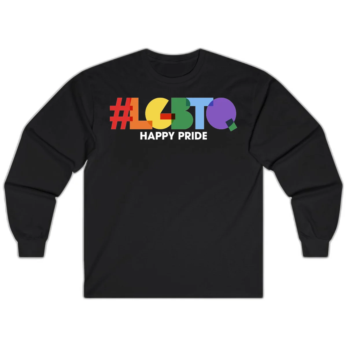 Colorful geometric letters spelling 'Happy Pride' in rainbow colors including red, orange, yellow, green, blue, and purple on gray background in Black