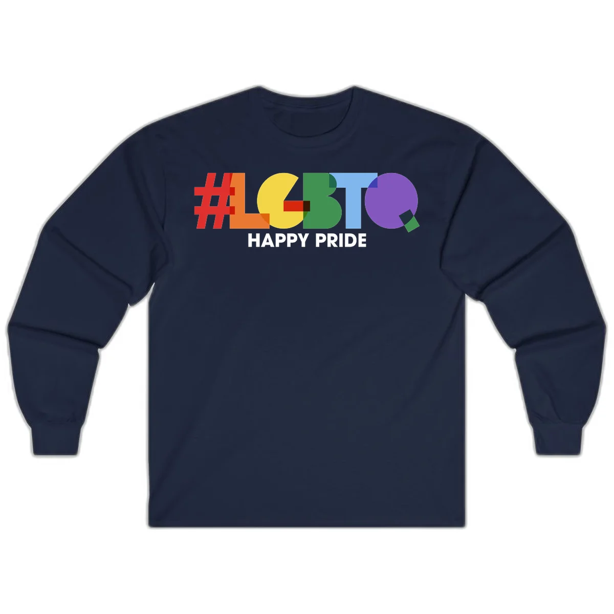 Colorful geometric letters spelling 'Happy Pride' in rainbow colors including red, orange, yellow, green, blue, and purple on gray background in Navy