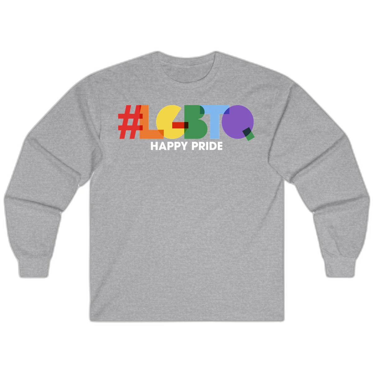 Colorful geometric letters spelling 'Happy Pride' in rainbow colors including red, orange, yellow, green, blue, and purple on gray background in Sport Grey