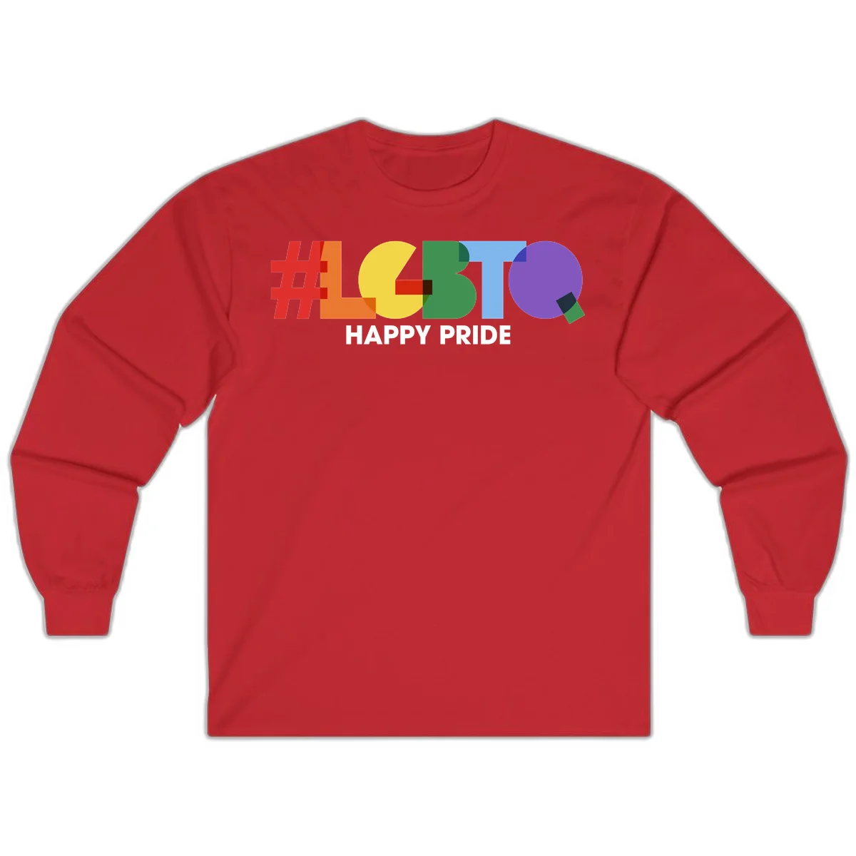 Colorful geometric letters spelling 'Happy Pride' in rainbow colors including red, orange, yellow, green, blue, and purple on gray background in Red