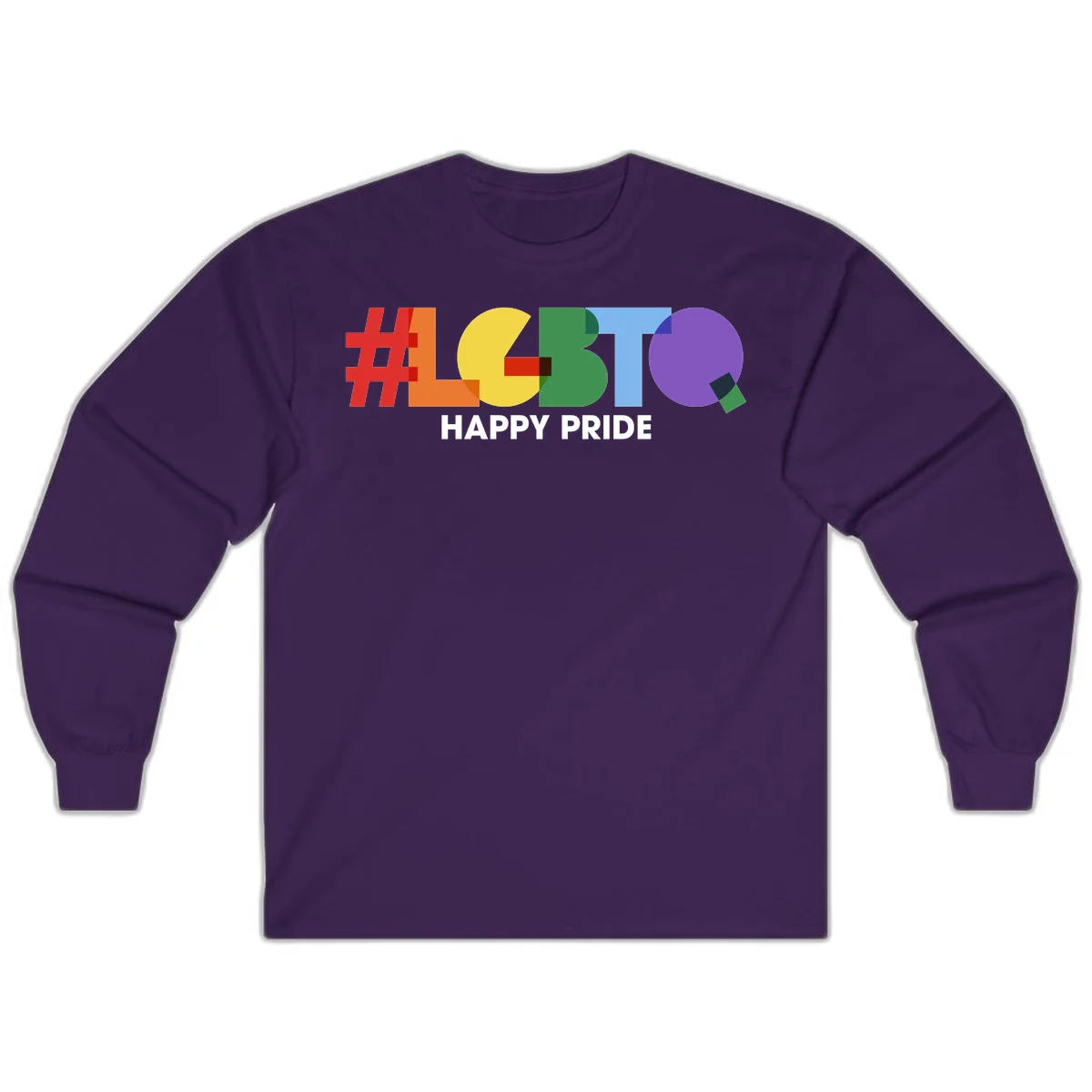 Colorful geometric letters spelling 'Happy Pride' in rainbow colors including red, orange, yellow, green, blue, and purple on gray background in Purple