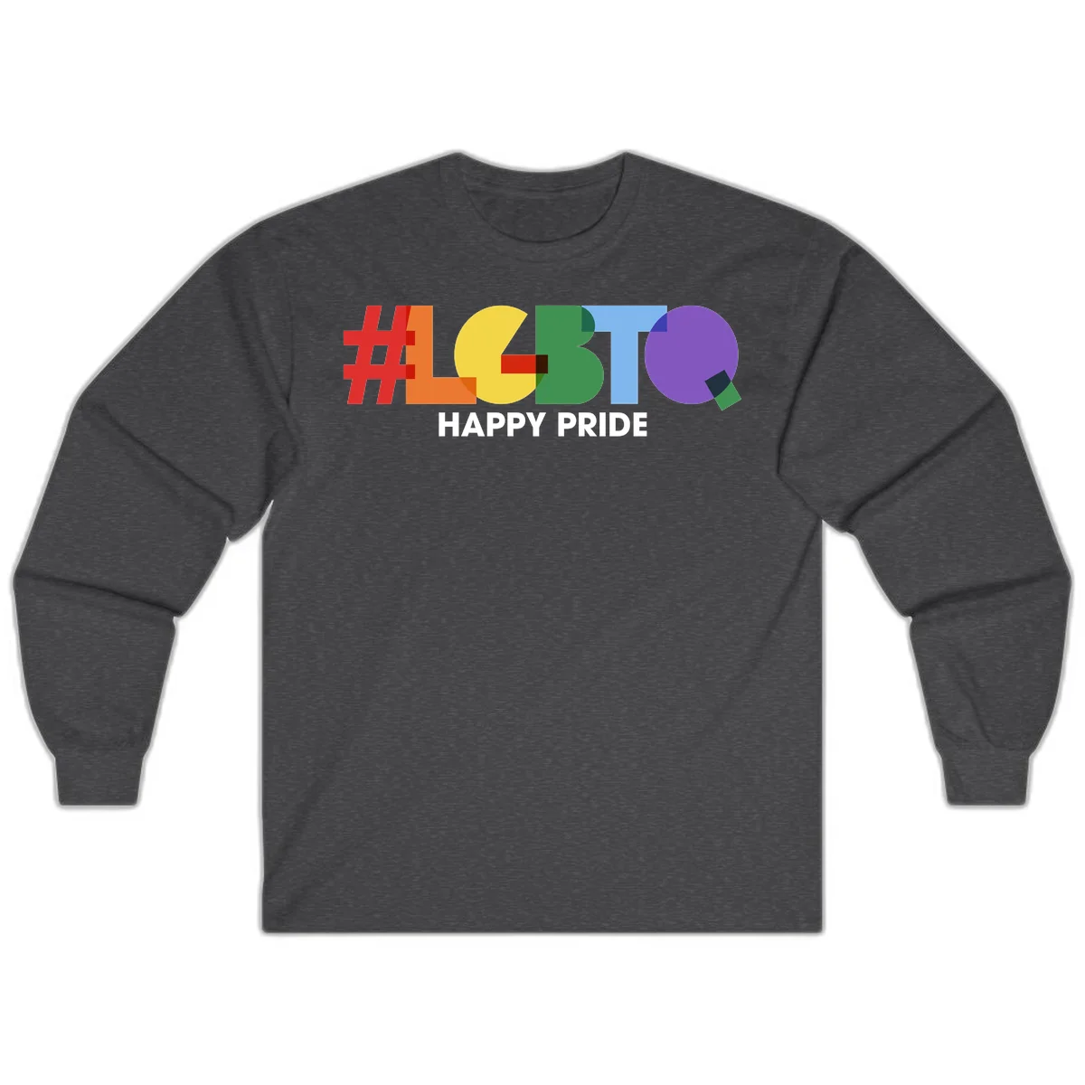 Colorful geometric letters spelling 'Happy Pride' in rainbow colors including red, orange, yellow, green, blue, and purple on gray background in Dark Heather