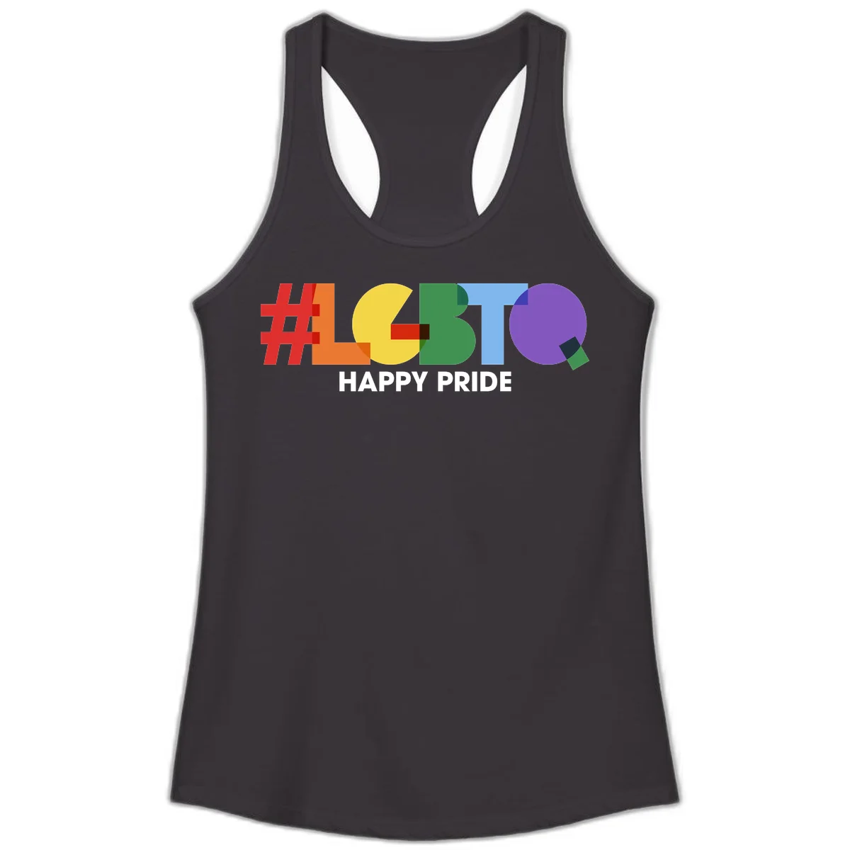 Colorful geometric letters spelling 'Happy Pride' in rainbow colors including red, orange, yellow, green, blue, and purple on gray background in Black