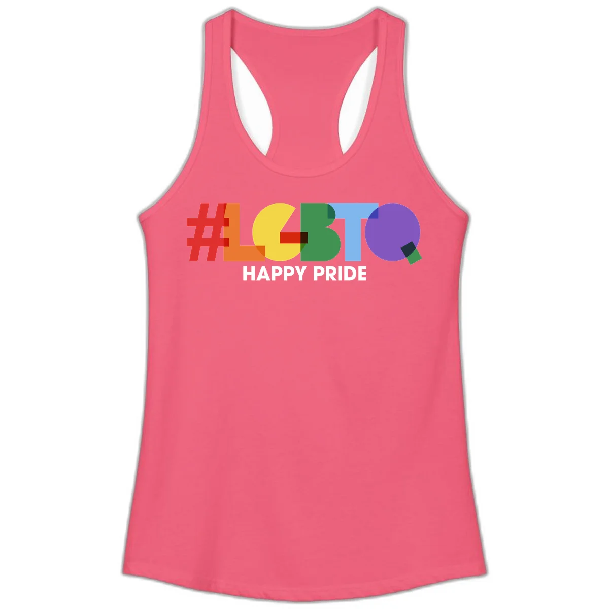 Colorful geometric letters spelling 'Happy Pride' in rainbow colors including red, orange, yellow, green, blue, and purple on gray background in Hot Pink