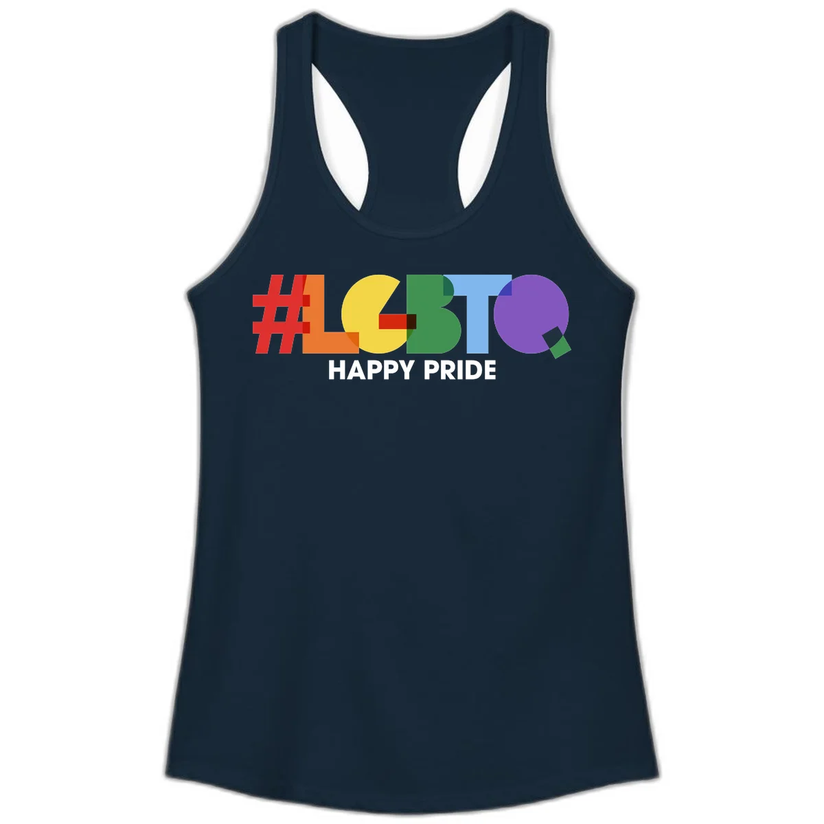 Colorful geometric letters spelling 'Happy Pride' in rainbow colors including red, orange, yellow, green, blue, and purple on gray background in Solid Midnight Navy