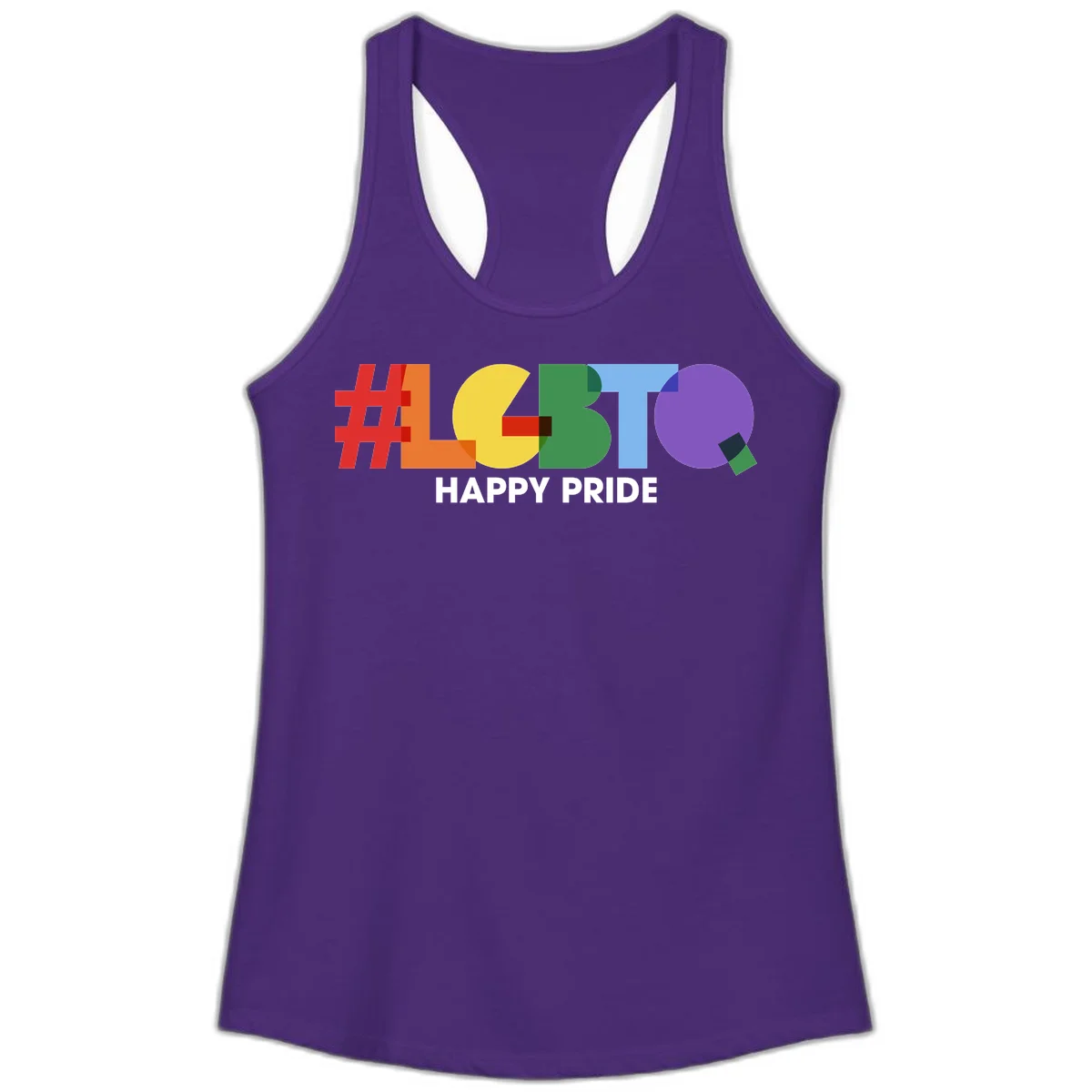 Colorful geometric letters spelling 'Happy Pride' in rainbow colors including red, orange, yellow, green, blue, and purple on gray background in Solid Purple Rush