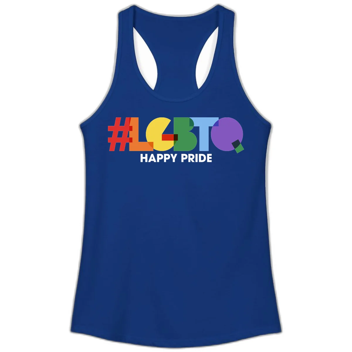 Colorful geometric letters spelling 'Happy Pride' in rainbow colors including red, orange, yellow, green, blue, and purple on gray background in Solid Royal