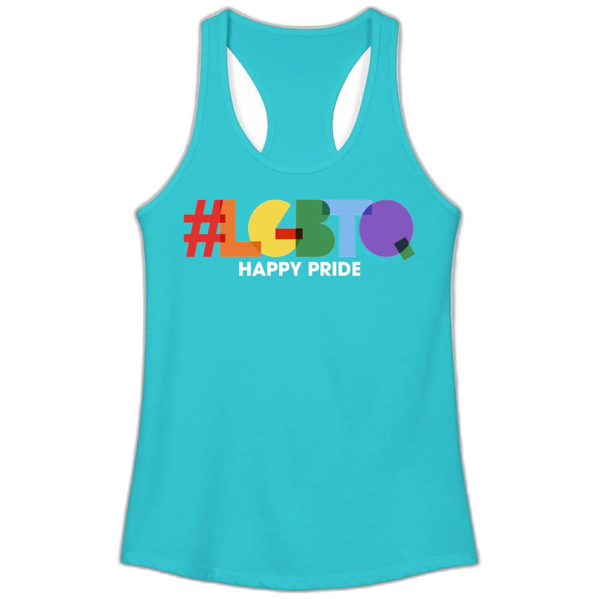 Colorful geometric letters spelling 'Happy Pride' in rainbow colors including red, orange, yellow, green, blue, and purple on gray background in Solid Tahiti Blue